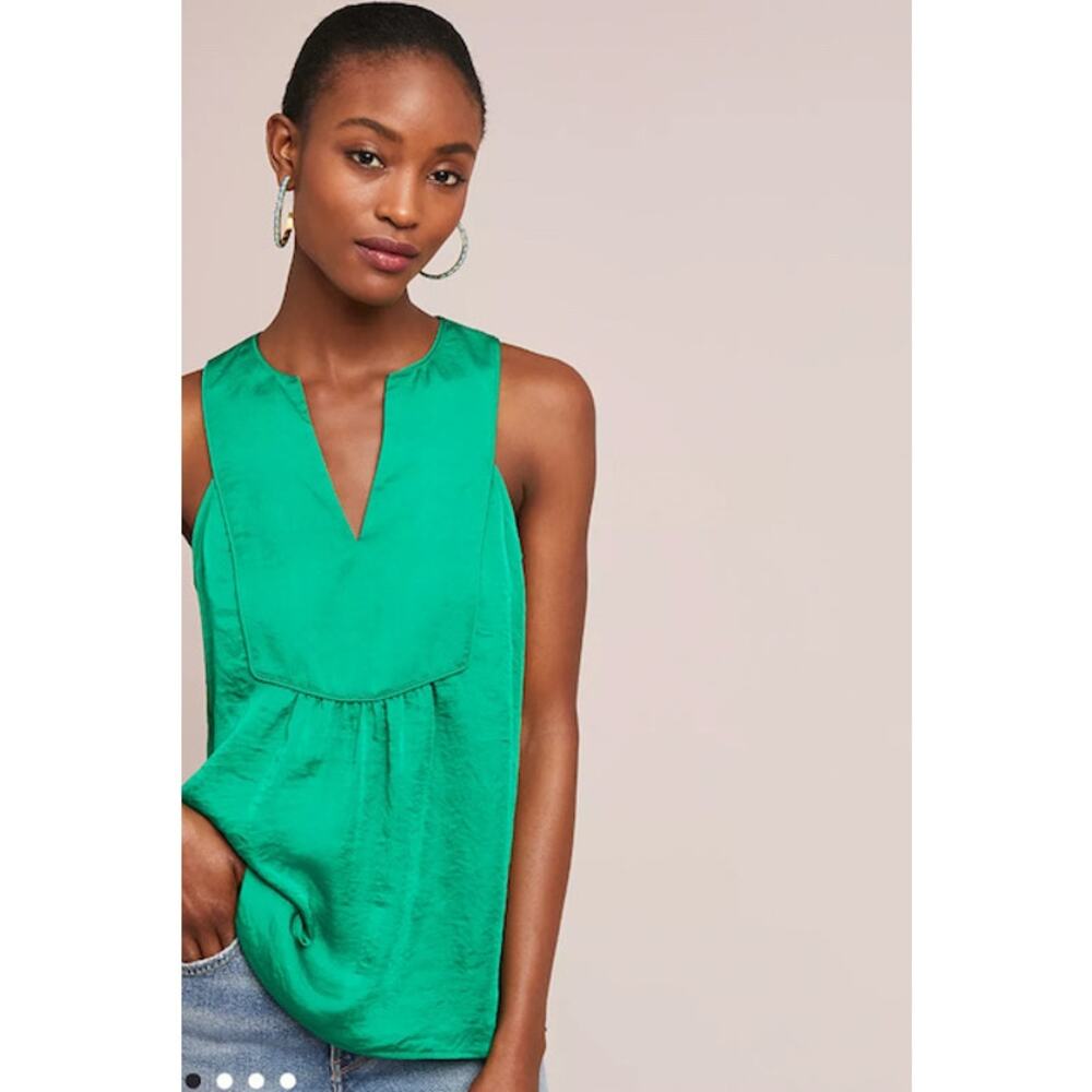 Anthropologie Emerald Green Sleeveless Notch-Neck Blouse